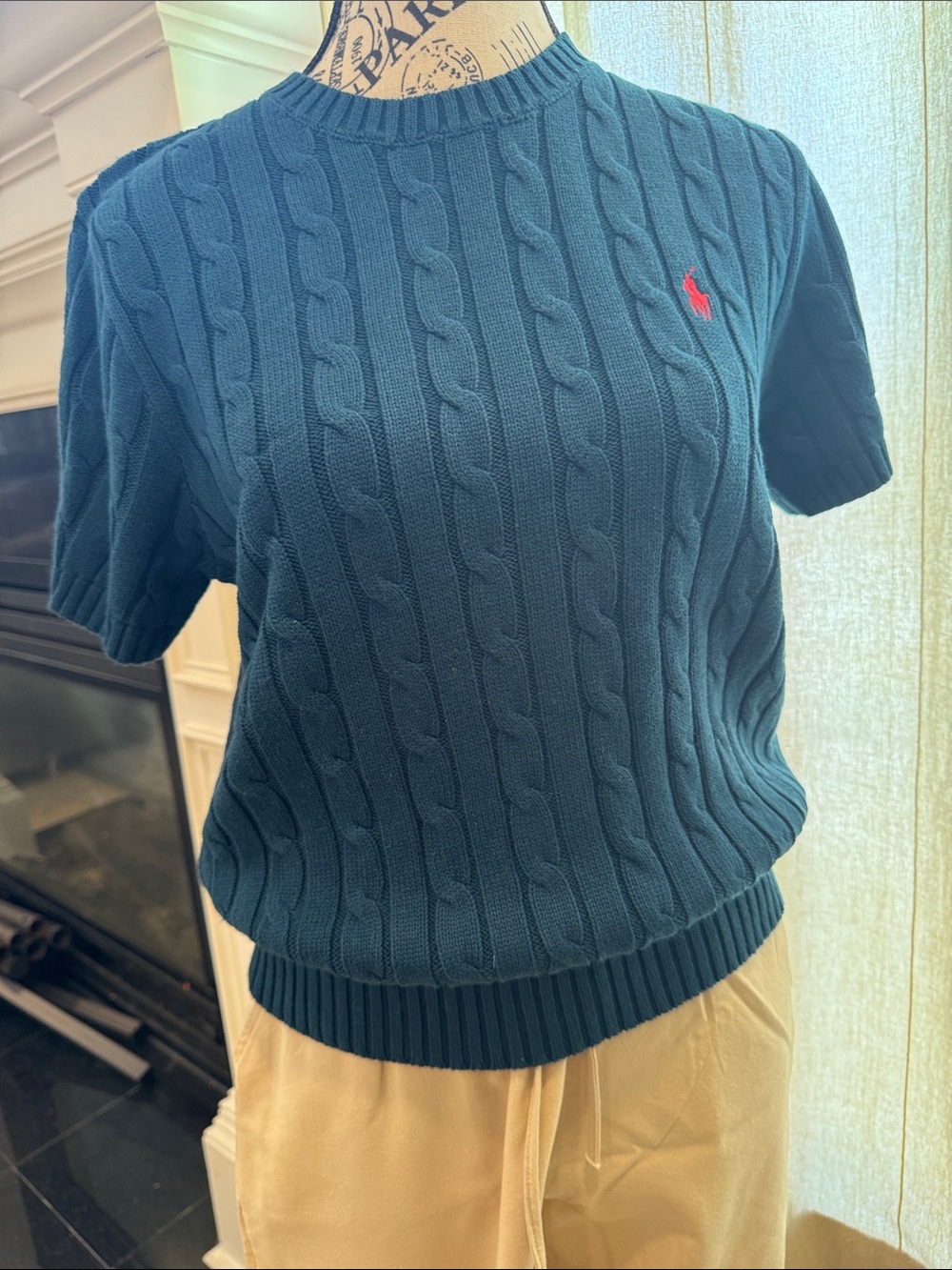 Ralph Lauren Teal Cable Knit Short Sleeve Sweater with Red Pony